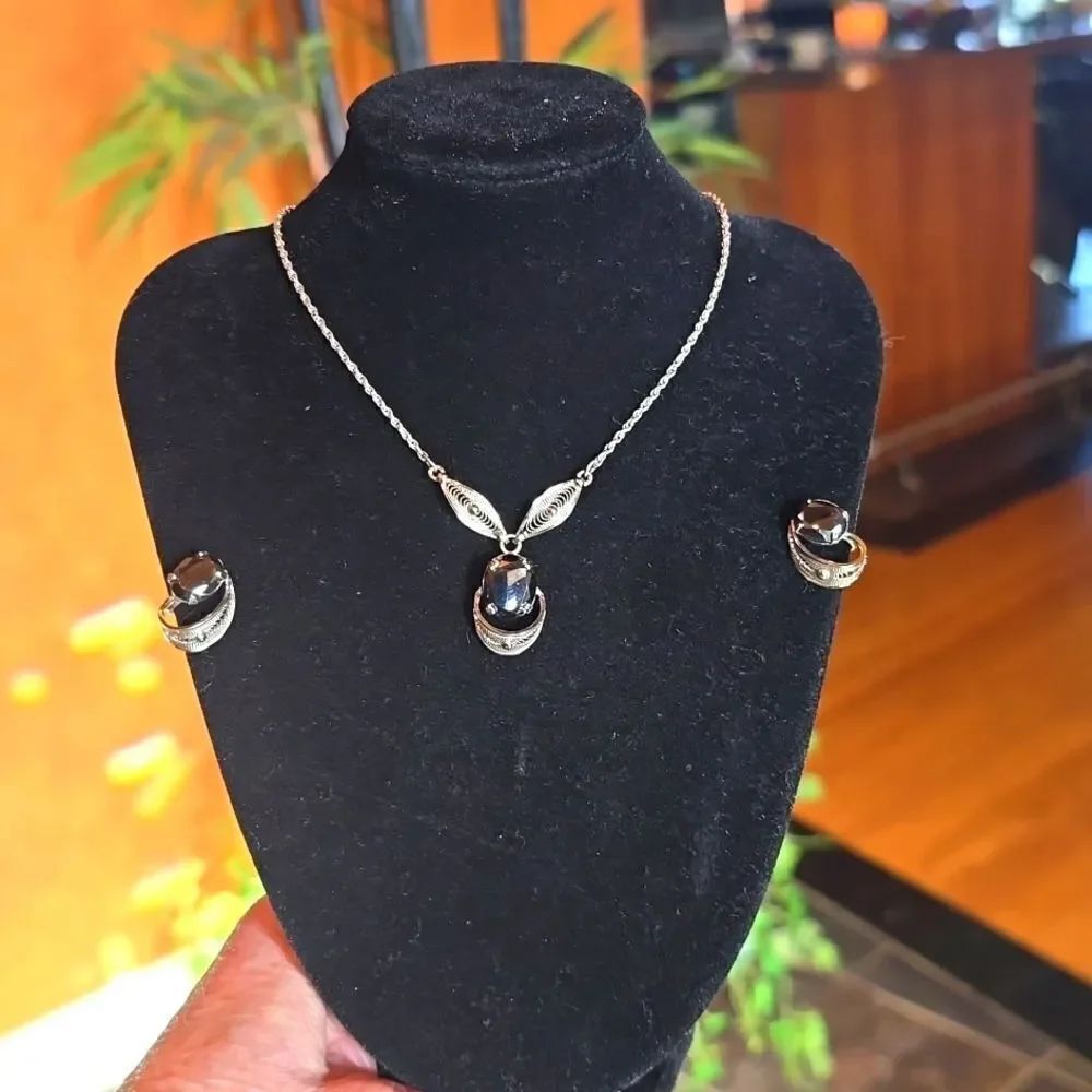Vintage Sorento Sterling Silver Hematite GEM Stone Necklace and Earrings! NWOT!